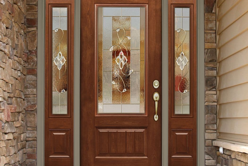 red wood door with glass