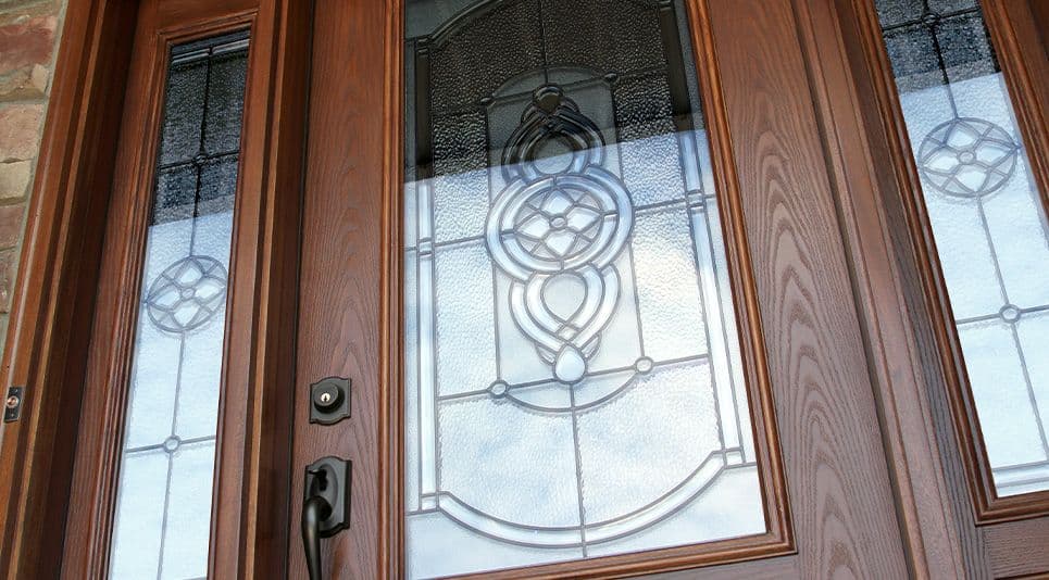 close up red wood entry door