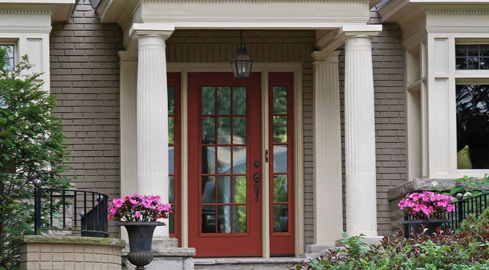 red entry door with windows